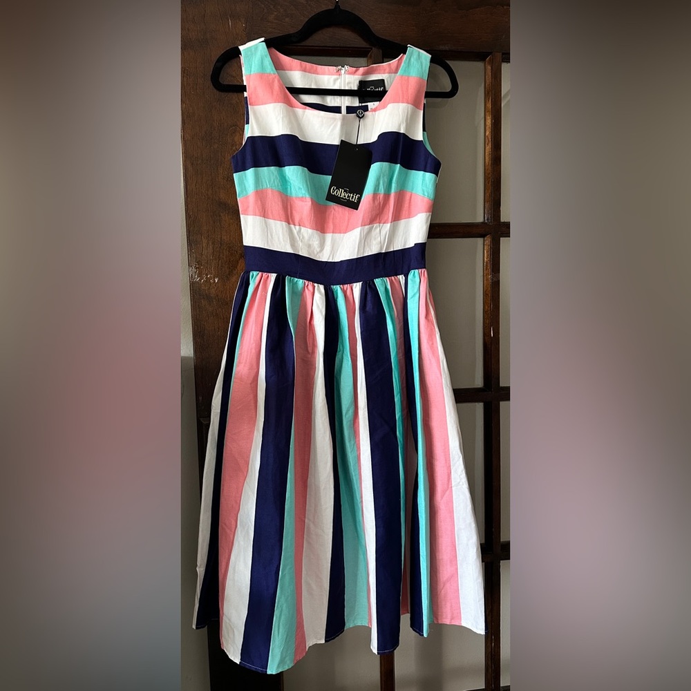 COLLECTIF Colorful Striped Sleeveless Swing Dress NWT